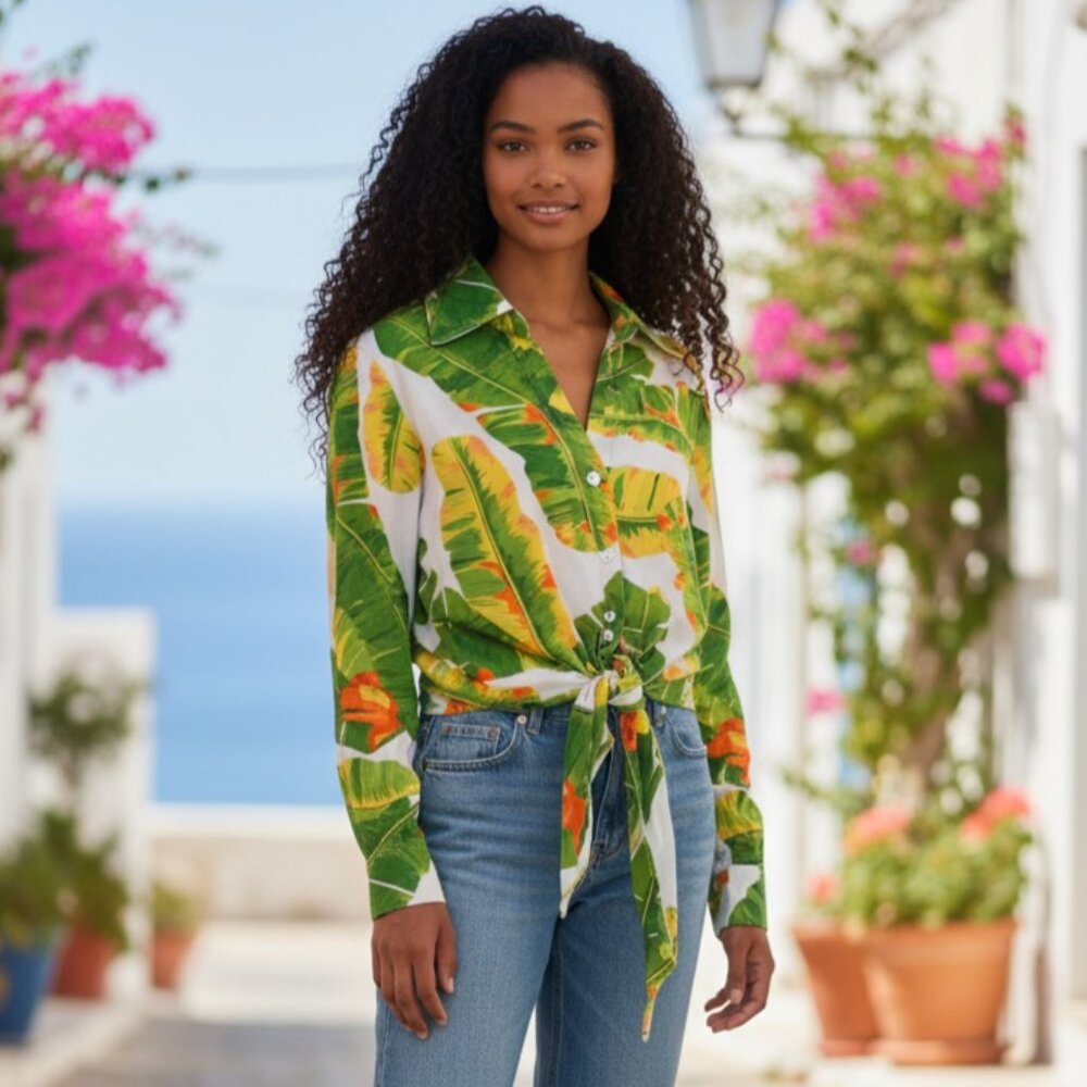 CYNTHIA ROWLEY ( MED) Hawaiian/Tropical Long Sleeve Linen Blend Waist Tie Blouse